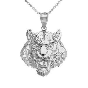 Silver Mens Roaring Tiger Head Pendant Necklace